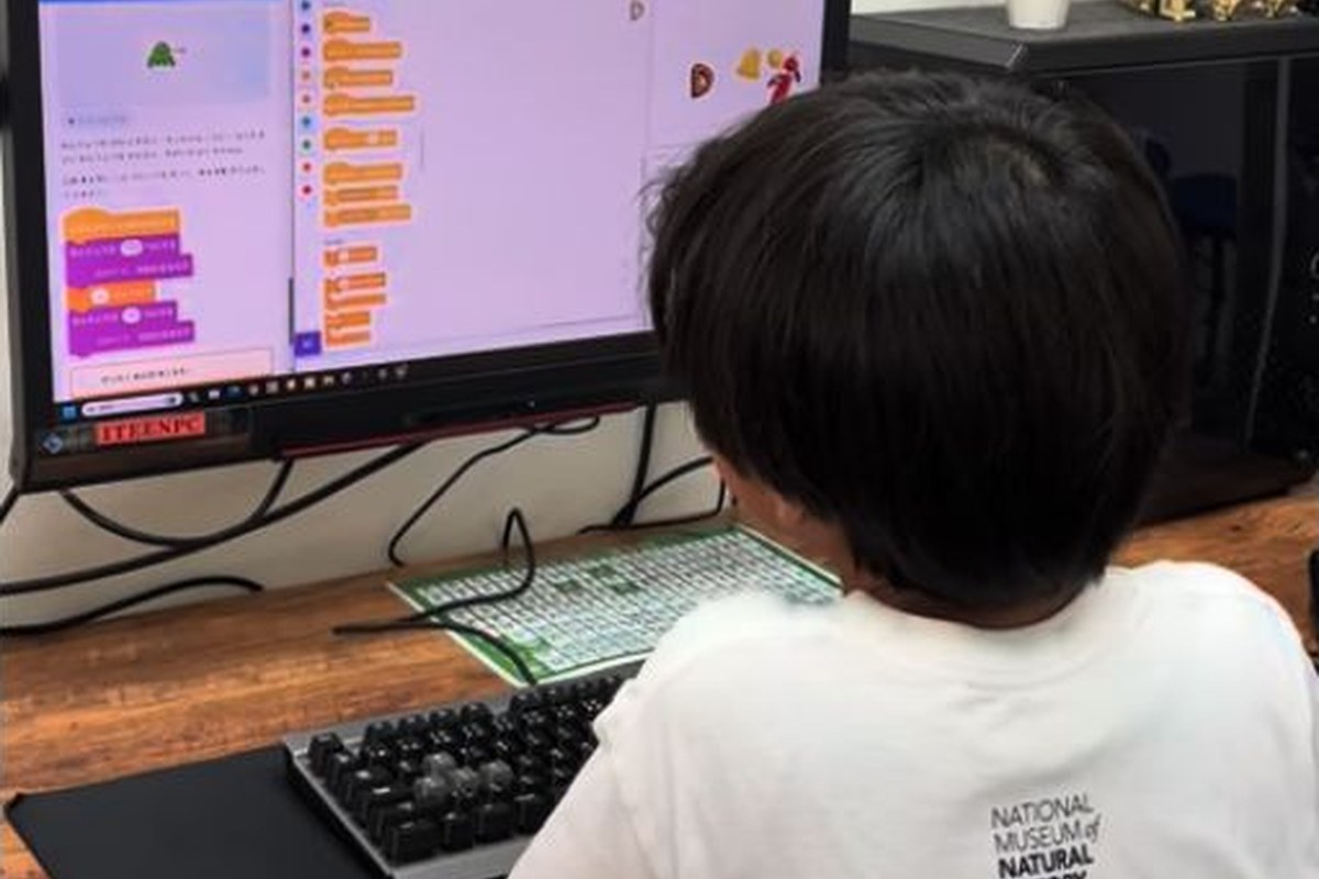画面を見ながらプログラミングに取り組む小学生の後ろ姿