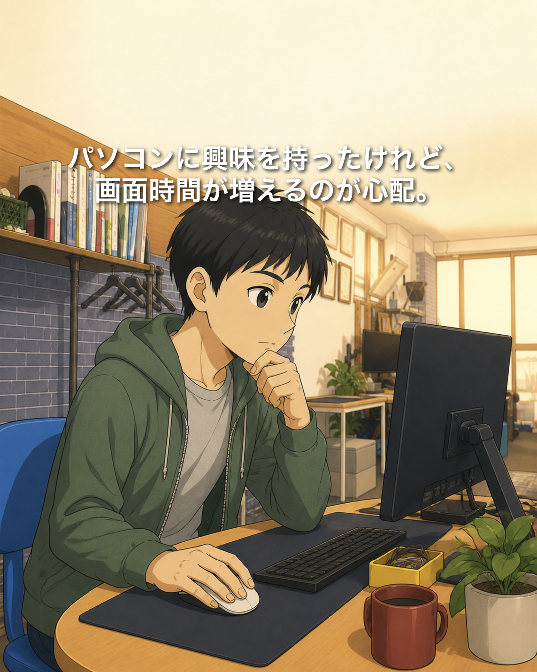画面時間が気になる保護者とプログラミングに取り組む子どものイラスト
