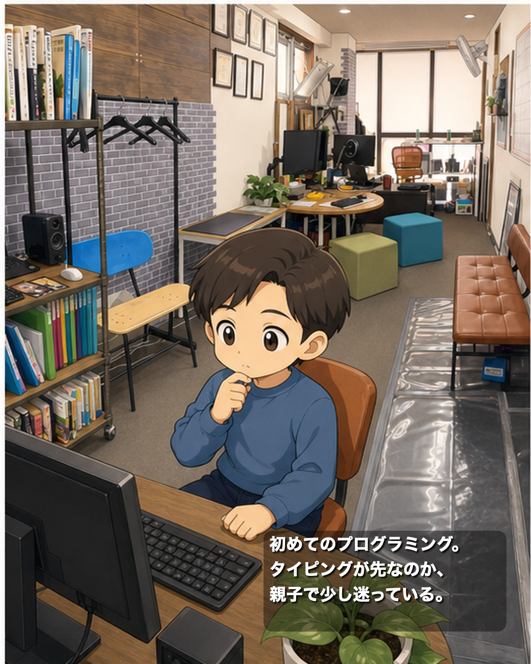 実教室の棚・通路・机の配置を参考にした漫画で、子どもがキーボード前で考える