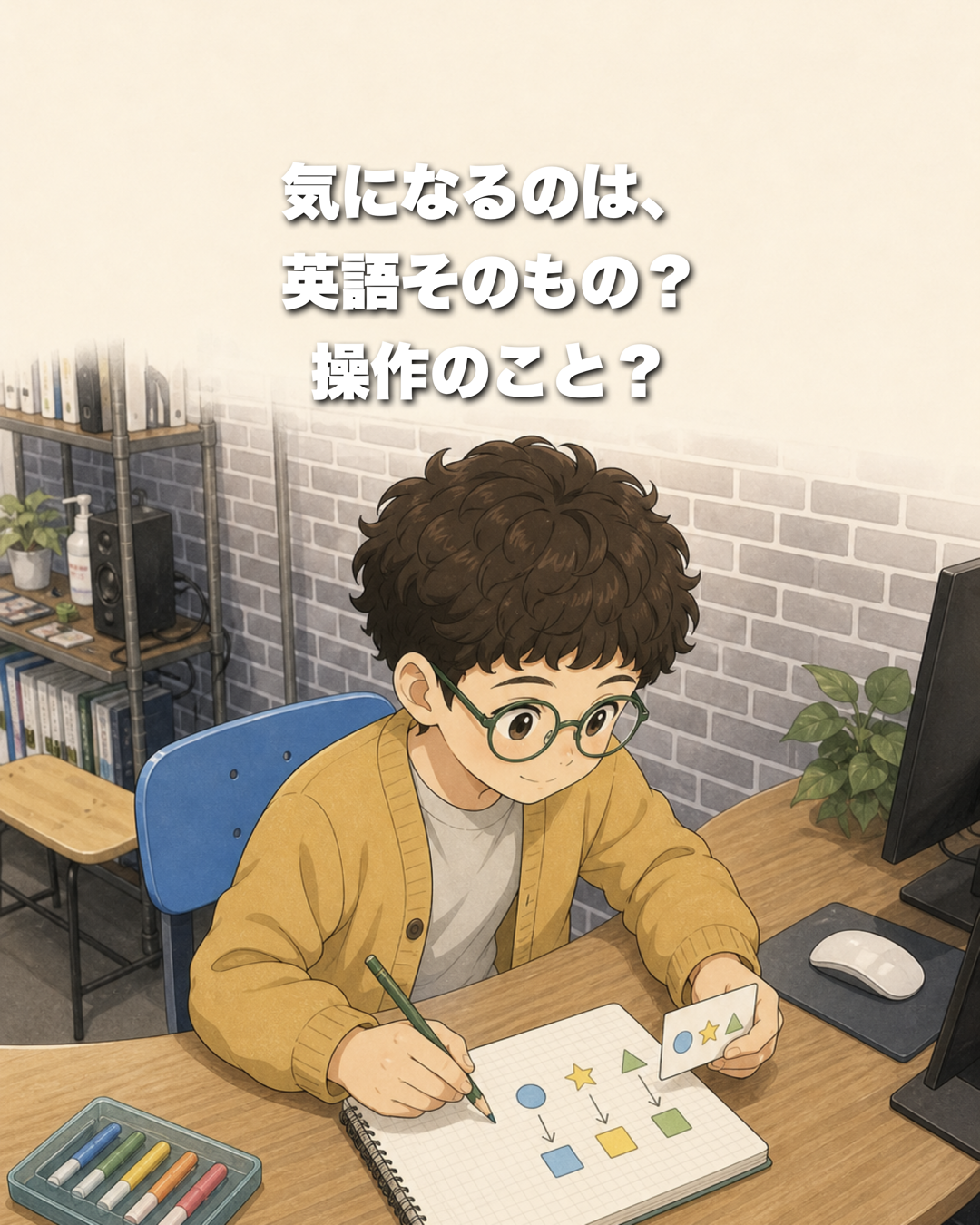 プログラミング画面の記号と色の対応をノートへ整理するイラスト