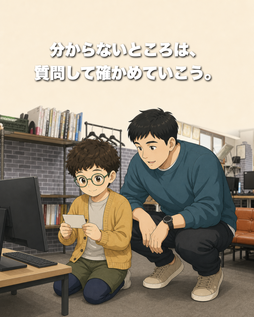 講師と子どもが画面と課題カードを一緒に確認するイラスト