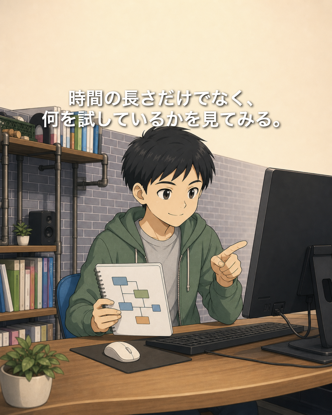 試して作る場面に目を向ける小学生プログラミング学習のイラスト